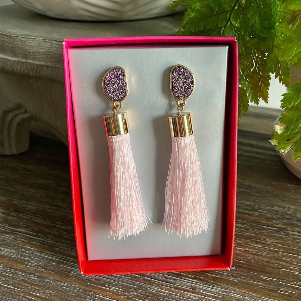NWOT BaubleBar Druzy Stone Glitter‎ Sparkling Tassel Earrings Christmas Ltd Ed